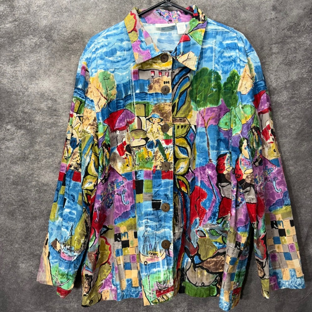 Dressbarn Art to Wear Cafe Vacation Beach Scene Button Up Shirt Size 2X Colorful